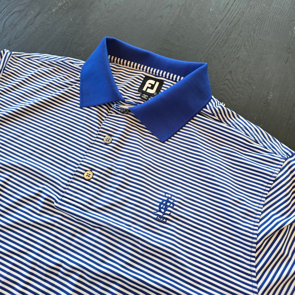 FootJoy Mens Large Blue White Striped Golf Polo Shirt Short Sleeve FJ Logo L‎